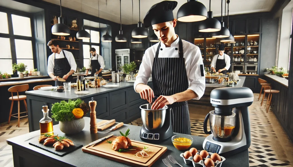 Profesjonalna kuchnia w eleganckiej restauracji z nowoczesnym wyposażeniem, gdzie szef kuchni używa Thermomixa do przygotowywania świeżych składników, takich jak zioła, warzywa i przyprawy. Pomieszczenie jest jasne i przestronne z dużymi oknami.