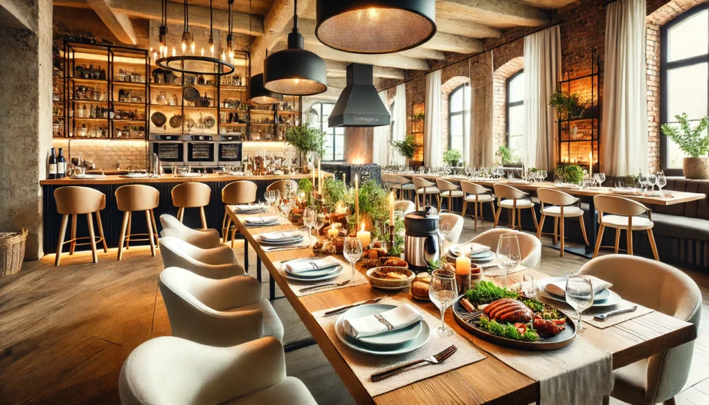 Ekskluzywna restauracja podczas serwowania dań, kelner przynosi pięknie podane potrawy przygotowane za pomocą Thermomixa. Elegancko nakryte stoły i otwarta kuchnia z nowoczesnym sprzętem w tle tworzą luksusową atmosferę.