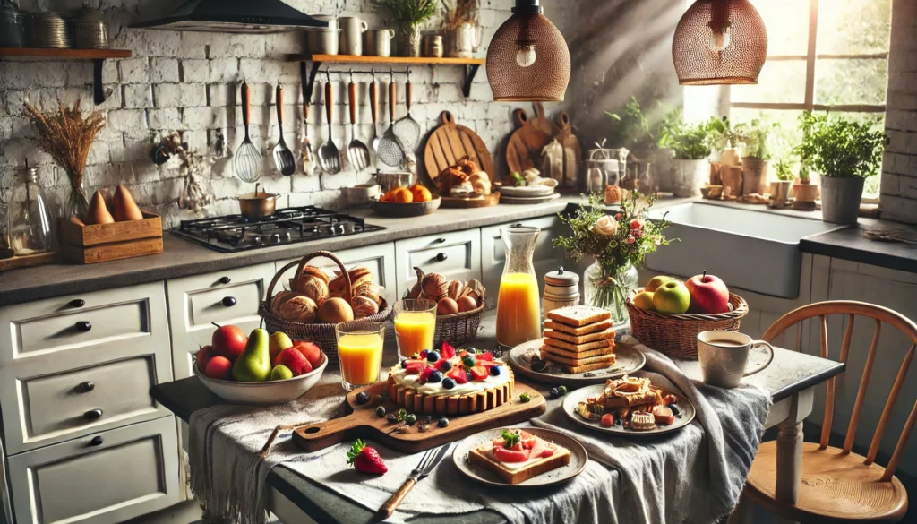 Zbliżenie na blat kuchenny z estetycznie ułożonymi składnikami do wykwintnego dania, w tym świeżymi warzywami, mięsem i przyprawami. W tle widoczna elegancka, nowoczesna kuchnia.