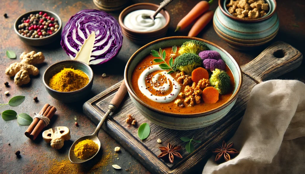 Gęsta zupa z czerwonej soczewicy z dodatkiem curry, serwowana w głębokim talerzu. Dekorowana kleksem jogurtu naturalnego i posypana świeżą kolendrą. Na stole widoczna kromka chleba i rustykalny nóż.